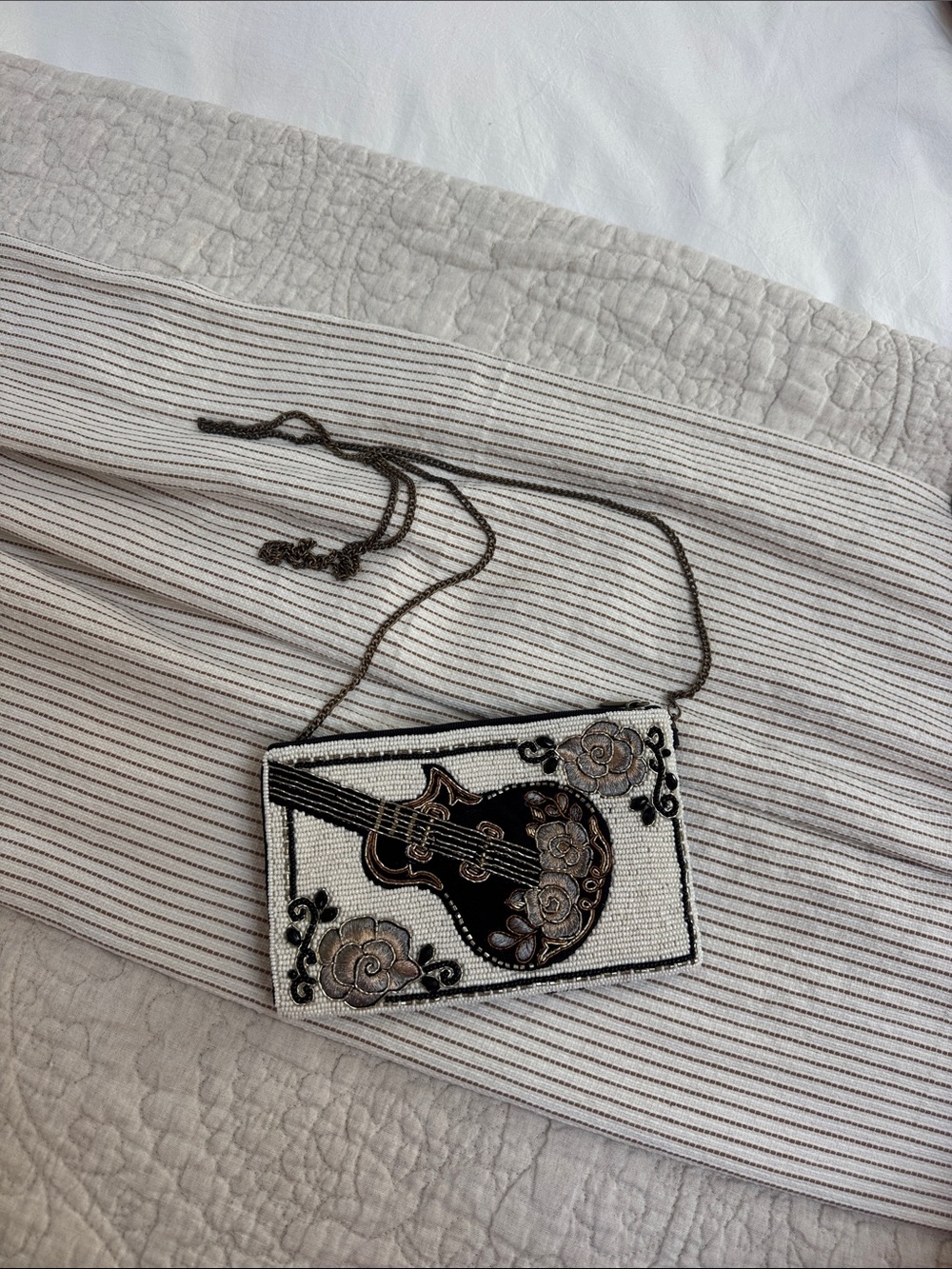 Beaded Guitar Motif Crossbody Bag in Cream and Black